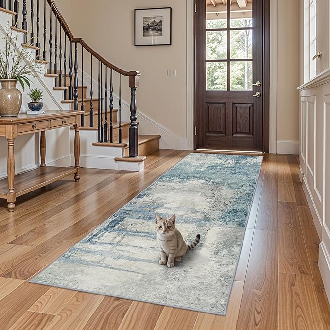 3x8 Runner Rug for Hallway - Washable Abstract Runners Non Slip Kitchen Rugs Low Pile Soft Indoor Floor Carpet Front Door for Bedroom Entryway Laundry 3x8 Blue