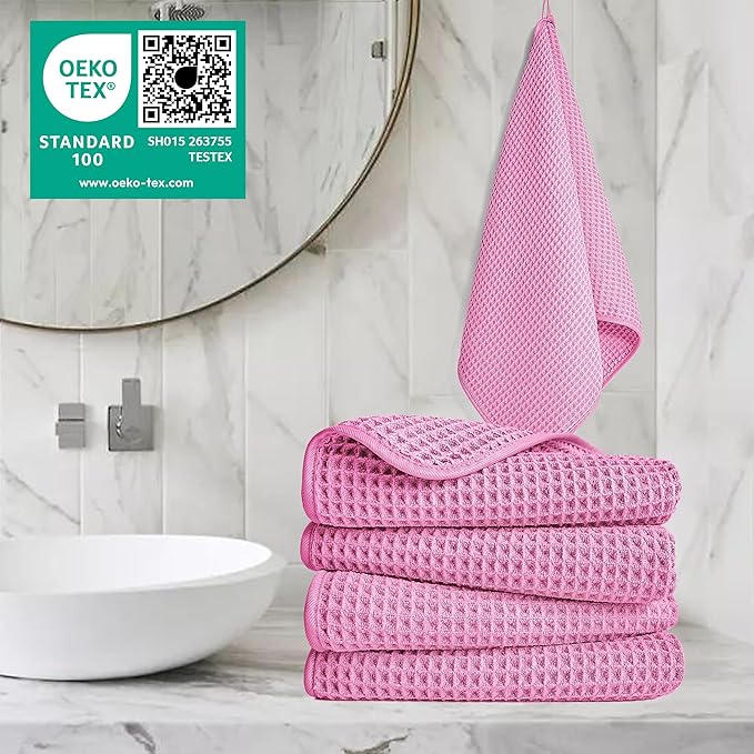 POLYTE 430 GSM Microfiber Lint Free Hand Towel, 16 x 30 in, 4 Pack (Waffle Weave)