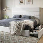 SHA CERLIN King Size Platform Bed Frame with 4 Storage Drawers, Velvet Upholstered Headboard, Mattress Foundation with Wooden Slats Support, No Box Spring Needed, Easy Assembly, White