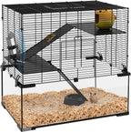 PawHut Large Hamster Cage with Deep Tempered Glass Bottom, 3 Tiers Hamster Tank with Running Wheel, Hut, Water Bottle, Dish, Rat Cage for Syrian, Dwarf, Gerbils, Mouse, 23.5" x 16" x 22.5", Black