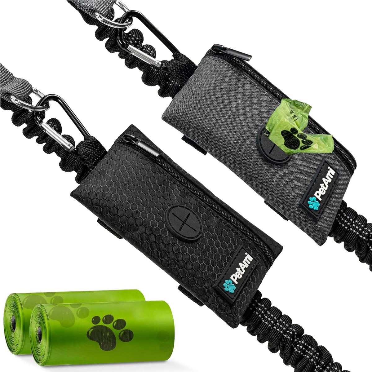 PetAmi Dog Poop Bag Holder for Leash, Dog Waste Bag Dispenser with Clip, Treat Pouch, Walking & Camping Accessories with Trash Bag Roll, Gray/Black 2 Pack