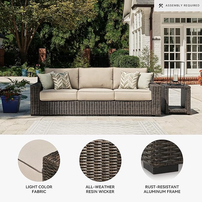 Signature Design by Ashley Coastline Bay Nuvella Weather Resistant Fabric Outdoor Sofa with Cushion and 4 Throw Pillows, Beige & Dark Brown