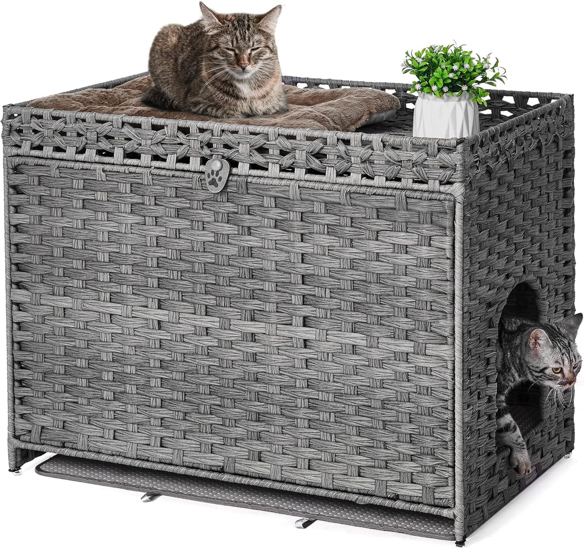 Cat Litter Box Enclosure with Soft Litter Mat; Hidden Kitten Washroom Furniture with Door; Handwoven Rattan Cat House with Large Space; Pet Crate for Living Room, Bedroom, Balcony (Grey)