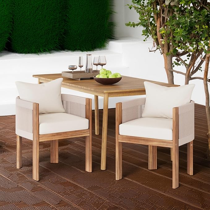 Christopher Knight Home Matera Dining Chair Set of 2, Acacia Wood Outdoor Accent Chair, Farmhouse Patio Kitchen Side Chair, Comfy Reading Chair, Round Backrest and Water Resistant Cushion,Teak+ Beige