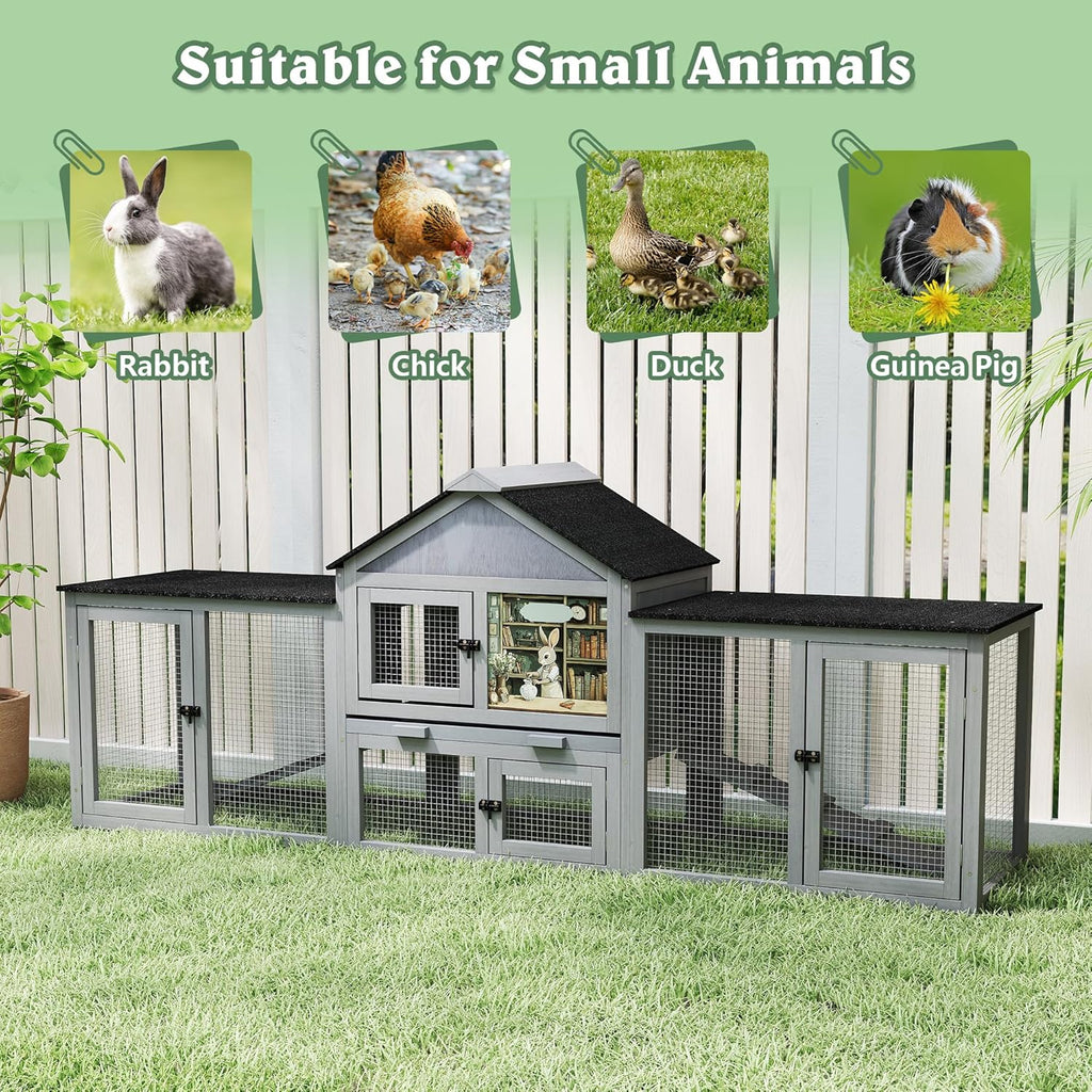 COZIWOW 82inches Extra Large Wood Rabbit Hutch Outdoor Easy to Assemble and Stable Bunny Cage Indoor with Cleaning Tray & Waterproof Roof for Small and Medium Bunny Rabbit Chick (Grey)