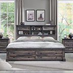 Farmhouse King Size Bed Frame with 54" Tall Headboard, Headboard with 4 Storage Rack, 2 Drawers, 18" Roman Column Decoration Footboard, Wood Platform Bed Frame, No Box Spring Needed(Dark Rustic Oak)
