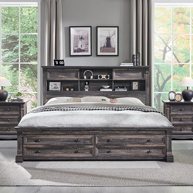 Farmhouse King Size Bed Frame with 54" Tall Headboard, Headboard with 4 Storage Rack, 2 Drawers, 18" Roman Column Decoration Footboard, Wood Platform Bed Frame, No Box Spring Needed(Dark Rustic Oak)