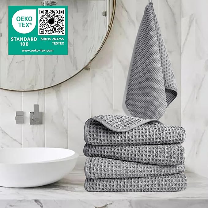POLYTE 430 GSM Microfiber Lint Free Hand Towel, 16 x 30 in, 4 Pack (Waffle Weave)