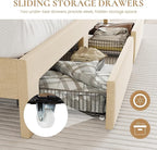 SHA CERLIN King Size Platform Bed Frame with Vertical Channel Tufted Wingback Headboard & 2 Storage Drawers/2-Tier Shelves with LED Lights & Charging Station/Noise-Free/No Box Spring Needed/Beige