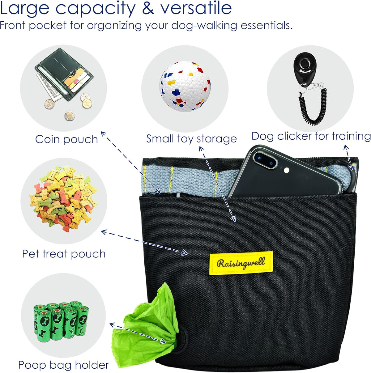 Dog Treat Pouch for Pet Walking and Training with Clicker 2 Cup Silicone Bag Small Fanny Pack Holder for Puppy Snack Dispenser Kit for Leash and Outdoor Use (Black)
