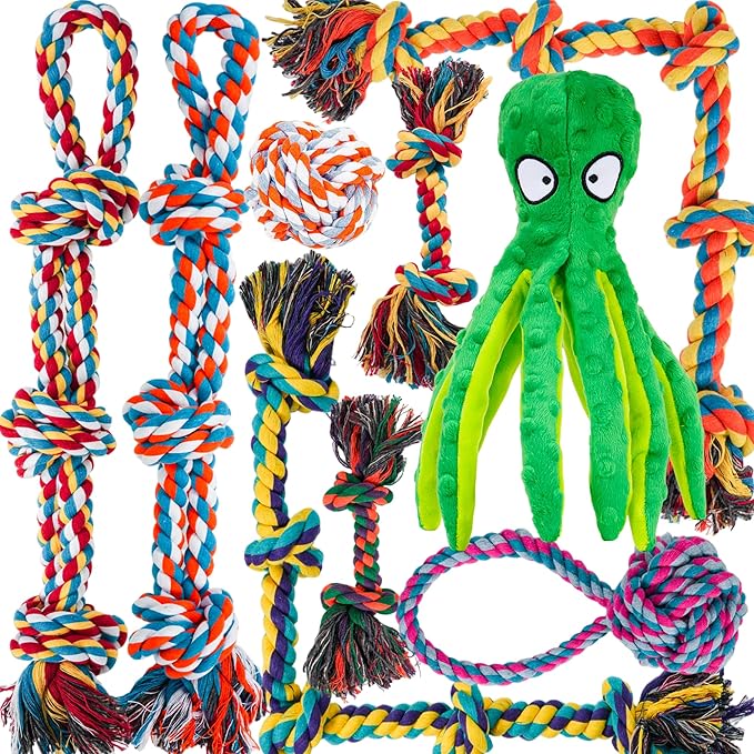 Dog Rope Toys for for Aggressive Chewers, Nearly Indestructible Dog Toys Set With Squeak Octopus for Large/Medium Dogs, Full of Attractiveness, Heavy Duty Natural Cotton Rope Chew Toy,Tug Toy 9 Pack