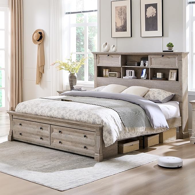 Farmhouse Queen Size Bed Frame with 54" Tall Storage Bookcase Headboard, 18" Roman Column Decoration Footboard,2 Drawer & 4 Storage Rack,Wood Platform Bed Frame, No Box Spring Needed(Light Rustic Oak)