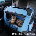 Petprsco Portable Collapsible Dog Crate, 24" Soft Dog Crate for Car Travel | Includes Mat, Blanket & Bowl, Strong Fabric, 4-sided Mesh Vents, 3 Doors, Fit Small Dogs & Large Cats Indoor and Outdoor Use