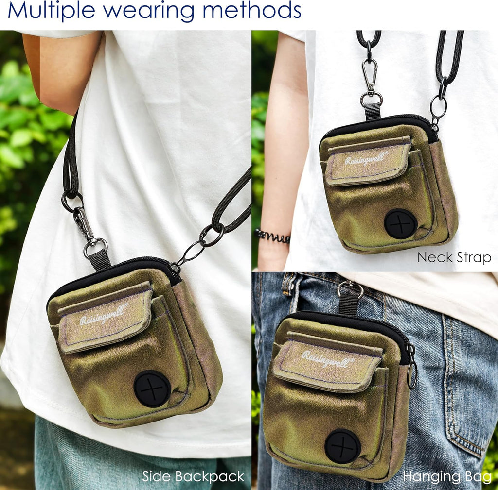 Dog Treat Pouch for Pet Walking and Training with Clicker Poop Bags and Double Bag Design Small Fanny Zipper Pack Holder for Puppy Snack Dispenser Kit for Leash and Outdoor Use (NM-Bronze