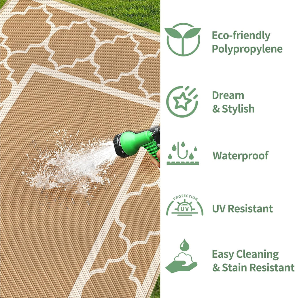 GENIMO 9' x 12' Outdoor Rug for Patio Clearance, Waterproof Indoor Outdoor Plastic Straw Rugs Carpet, Reversible Outside Area Rv Mat for Camping, Balcony Porch, Deck, Picnic, Beach (Brown & Beige)