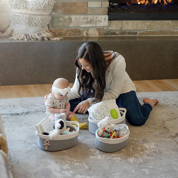 NaturalCozy 3-Piece Oval Storage Basket Set– Soft Natural Rope Woven Baskets for Storage Shelf, Toy, Nursery, Gift, Baby Shower, Pets Cat Dog Bins | Small Basket for Organizing (Off White & Gray)