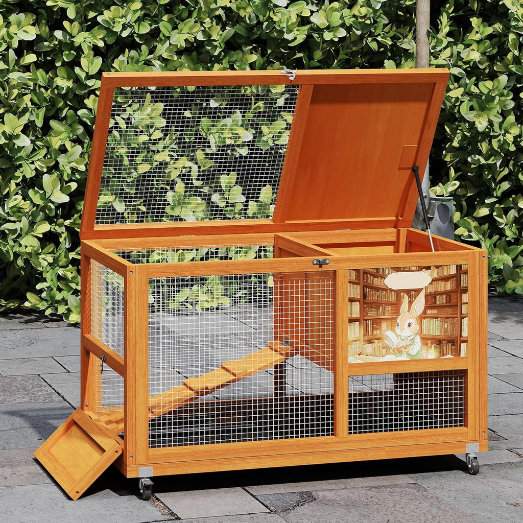 COZIWOW Wooden 36Inches Rabbit Hutch Indoor with Wheels Bunny Cage Outdoor Rabbit Cage with Clean Tray, Openable Roof, Anti-Slip Ramp for Small Bunny (Orange with Pattern)
