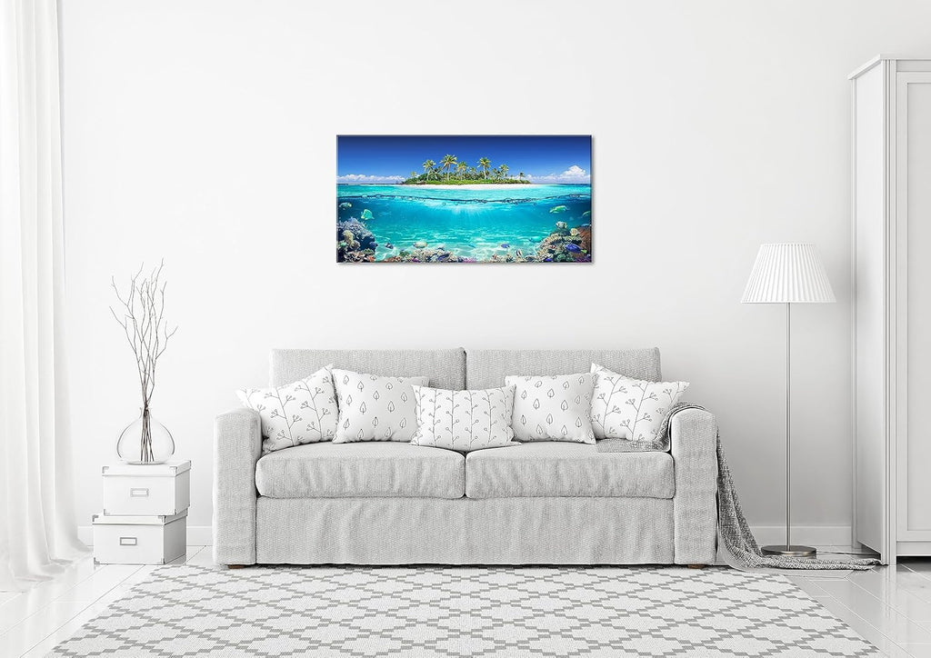 Tropical Island Coral Reef Landscape Canvas Wall Art for Living Room,Unique View Split Waterline Scenery,Beautiful Nature Summer Travel Scenic Picture Print Artwork Painting Decor,Inner Frame 30x60