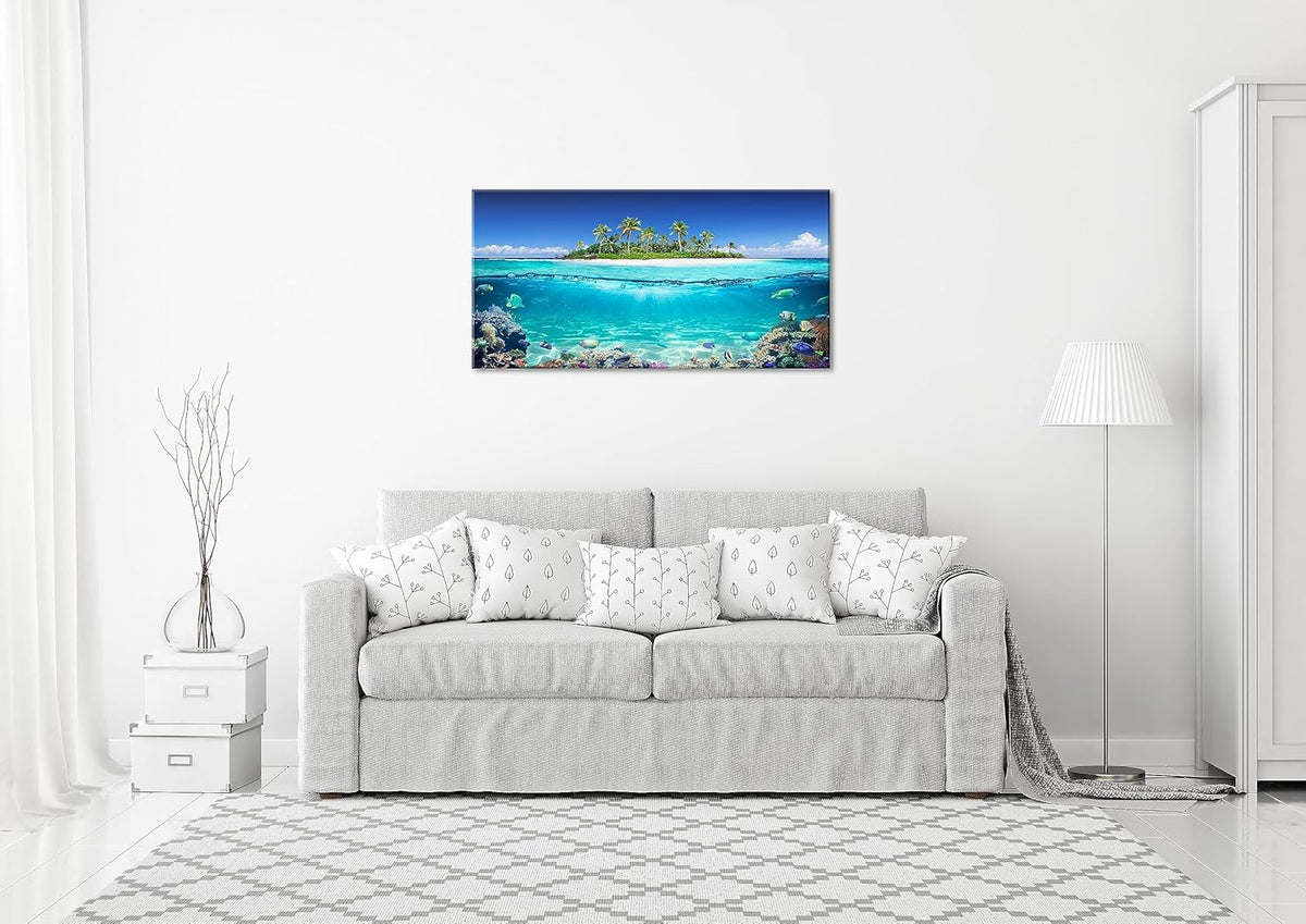 Tropical Island Coral Reef Landscape Canvas Wall Art for Living Room,Unique View Split Waterline Scenery,Beautiful Nature Summer Travel Scenic Picture Print Artwork Painting Decor,Inner Frame 30x60