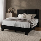 iPormis Full Platform Bed Frame with Fabric Upholstered Headboard & Thickened Legs, Mattress Foundation with Solid Wooden Slats Support, No Box Spring Needed, Noise Free, Black