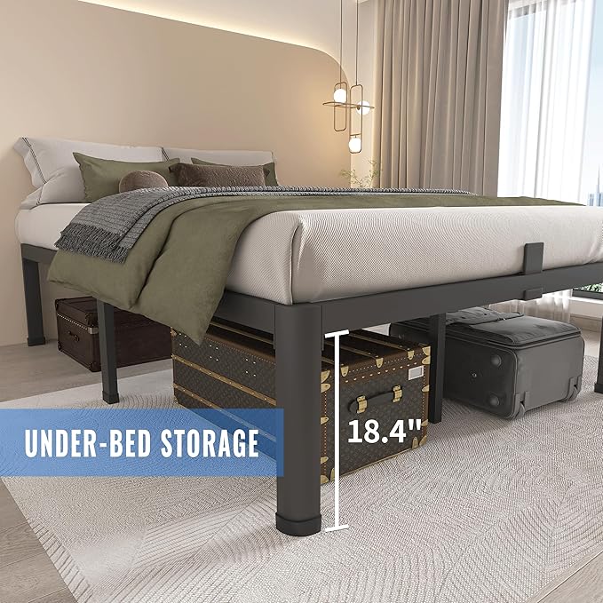 MAF 20 Inch Queen Size Bed Frame with Round Corner Legs Mattress Slide Stopper No Box Spring Needed Heavy Duty Metal Platform Bed Frames Under-Bed Storage Space, 3000 LBS Steel Slats Support