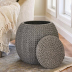 Household Essentials Handwoven Paper Rope Barrel Wicker Storage Basket Side Table, Gray