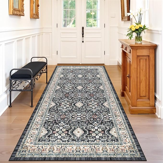 4x8 Washable Kitchen Area Rug: Farmhouse Stain-Resistant Rug for Living Room Bedroom Wide Soft Carpet for Entryway Dining Room Thin Hallway Floor Mat with Non Slip Backing Vintage Home Dcor(4x8,Black)
