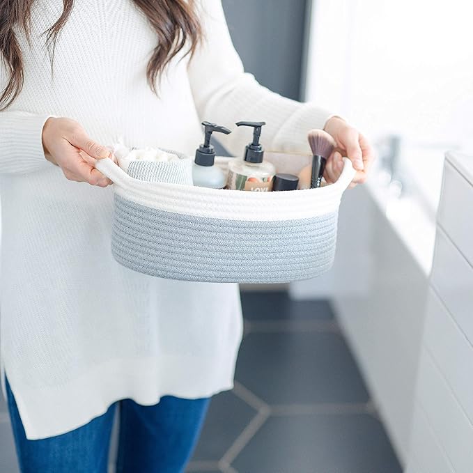 NaturalCozy 3-Piece Oval Storage Basket Set– Soft Natural Rope Woven Baskets for Storage Shelf, Toy, Nursery, Gift, Baby Shower, Pets Cat Dog Bins | Small Basket for Organizing (Off White & Gray)