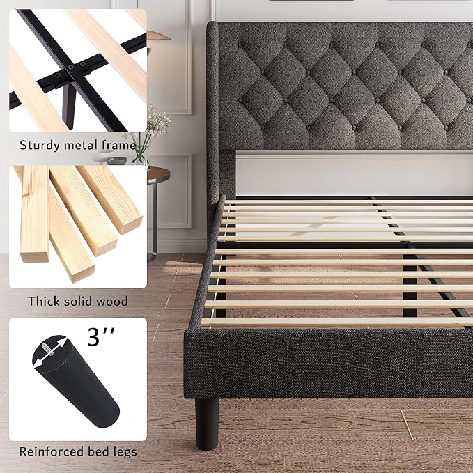 iPormis Queen Size Platform Bed Frame with Button Tufted Headboard, Upholstered Bed Frame with Solid Wooden Slats, 8" Underbed Space, No Box Spring Needed, Noise Free, Easy Assembly, Dark Gray
