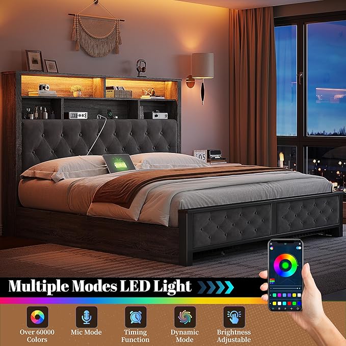 EnHomee Queen Bed Frame with Storage Headboard & 4 Drawers,Wooden Bed Frame Queen Size with Charging Station & LED Lights Upholstered,NO Noise,No Box Spring Needed,Gray