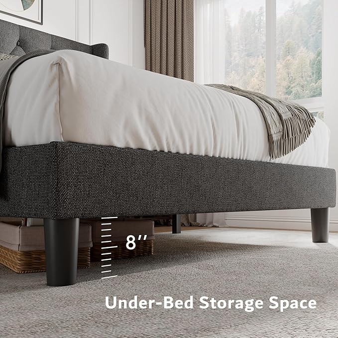 iPormis Queen Size Platform Bed Frame with Button Tufted Headboard, Upholstered Bed Frame with Solid Wooden Slats, 8" Underbed Space, No Box Spring Needed, Noise Free, Easy Assembly, Dark Gray