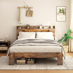 Wooden Queen Size Bed Frame with Storage Headboard, Farmhouse Platform Bedframe with Charging Station & Led Lights, Sturdy Wood Slat Framework, Easy Assembly (Rustic Brown Led)