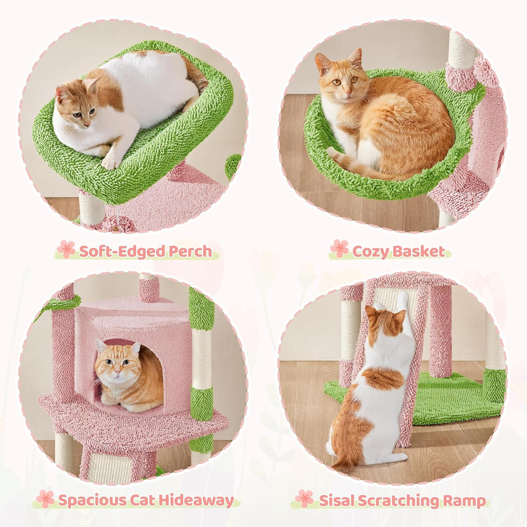 Yaheetech Cactus Cat Tree, 42in Cat Tower for Indoor Cats, Multi Level Kitten Condo Scratching Post, Pet Activity Center Furniture w/Ball, Plush Perch, Platform, Basket, Pink/Green