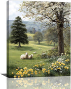 Country Sheep Canvas Wall Decor Farmhouse Rustic Lamb Wildflower Wall Art Nature Countryside Landscape Pictures Painting Print Framed Artwork Decorations for Bathroom Living Room Bedroom 16"x20"