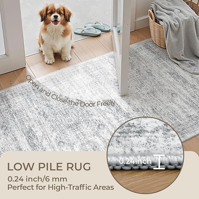 4x10 Runner Rug, Washable Hallway Runner Rug with Non-Slip Backing, Low Pile Wide Runner for Living Room, Entryway, Kitchen, Soft Modern Home Decor Mat for Dining Room(4'x10', Grey/Ivory)