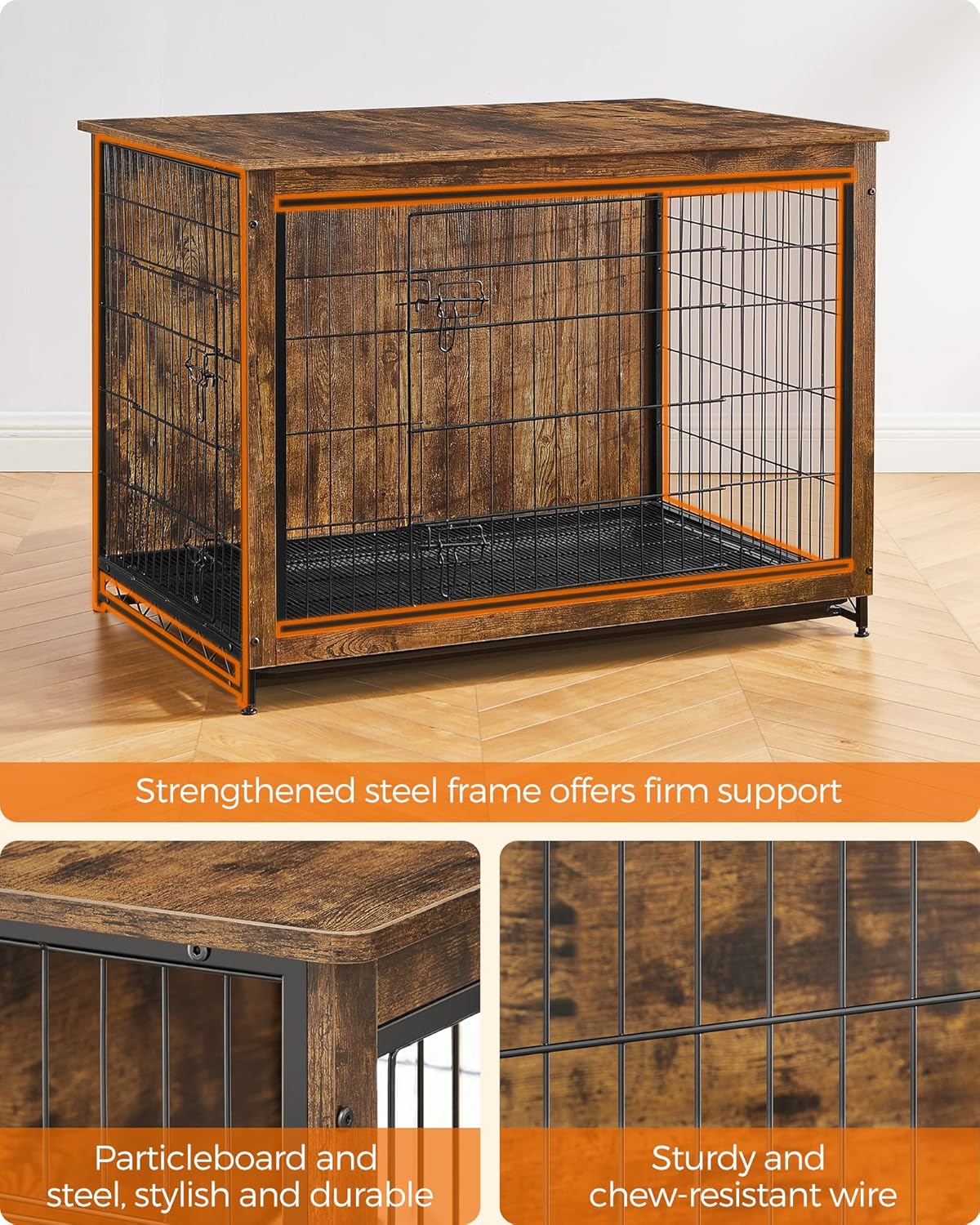 Feandrea Dog Crate Furniture, 44.1" Side End Table, Modern Kennel for Dogs Indoor up to 80 lb, Heavy-Duty Dog Cage with Multi-Purpose Removable Tray, Double-Door Dog House, Rustic Brown UPFC004X01