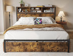 EnHomee Full Size Bed Frame with 6 Storage Drawers Full Bed Frame with Headboard, with Charging Station, No Noise, No Box Springs Needed, Vintage Brown