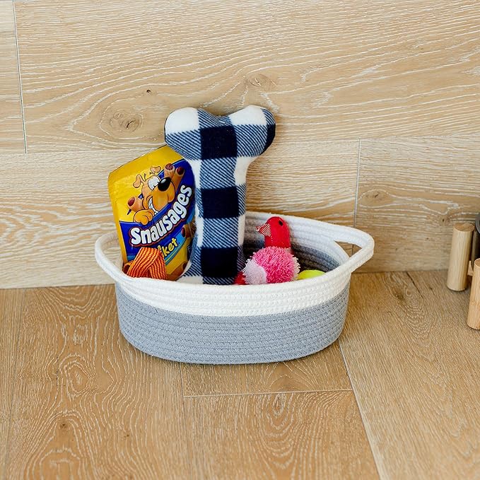NaturalCozy 3-Piece Oval Storage Basket Set– Soft Natural Rope Woven Baskets for Storage Shelf, Toy, Nursery, Gift, Baby Shower, Pets Cat Dog Bins | Small Basket for Organizing (Off White & Gray)