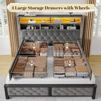 EnHomee Queen Bed Frame with Storage Headboard & 4 Drawers,Wooden Bed Frame Queen Size with Charging Station & LED Lights Upholstered,NO Noise,No Box Spring Needed,Gray