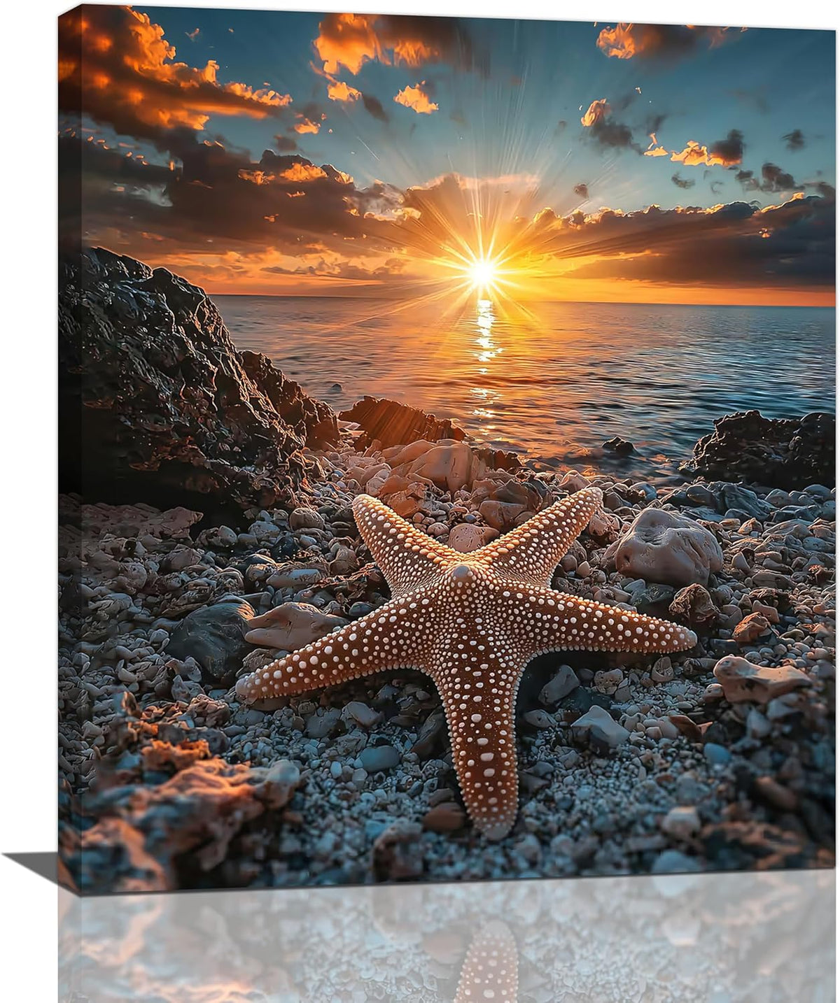 Beach Starfish Wall Decor Ocean Starfish Wall Art Sunset Scenery Coastal Theme Pictures Canvas Nature Seascape Painting Print Framed Artwork Decorations for Home Bathroom Living Room Bedroom Office 24"x20"