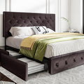 MUTICOR King Size Bed Frame with 4 Storage Drawers, Upholstered Platform Bed with Button Tufted Adjustable Headboard, No Box Spring Needed, Easy Assembly, Diamond Tufted, Brown Leather