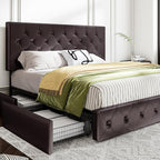 MUTICOR King Size Bed Frame with 4 Storage Drawers, Upholstered Platform Bed with Button Tufted Adjustable Headboard, No Box Spring Needed, Easy Assembly, Diamond Tufted, Brown Leather
