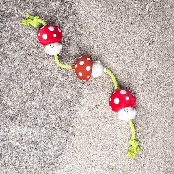Tugga Magic Shrooms Dog Toy 75cm - Rope Latex and Plush Dog and Puppy Throw Fetch and Tug with Squeaker Mushrooms Enrichment