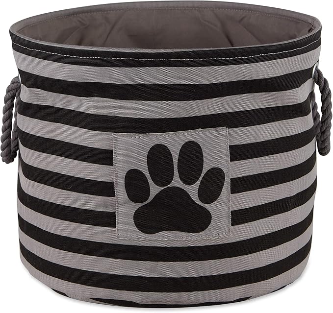 Bone Dry 5743 Pet Storage Collection Striped Paw Patch Bin, Medium Round, Black