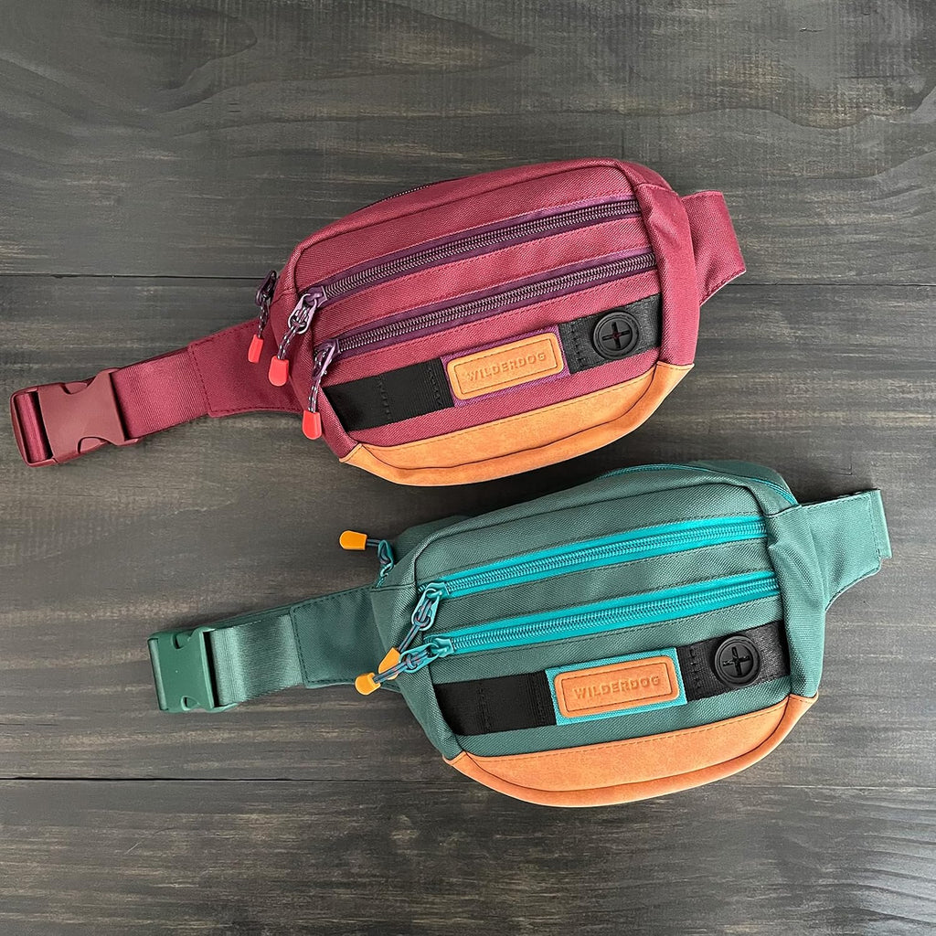 Wilderdog Utility Fanny Pack stores Treats, Balls, Keys in 3 Pockets with adjustable strap and Poop Bag dispenser (Huckleberry)