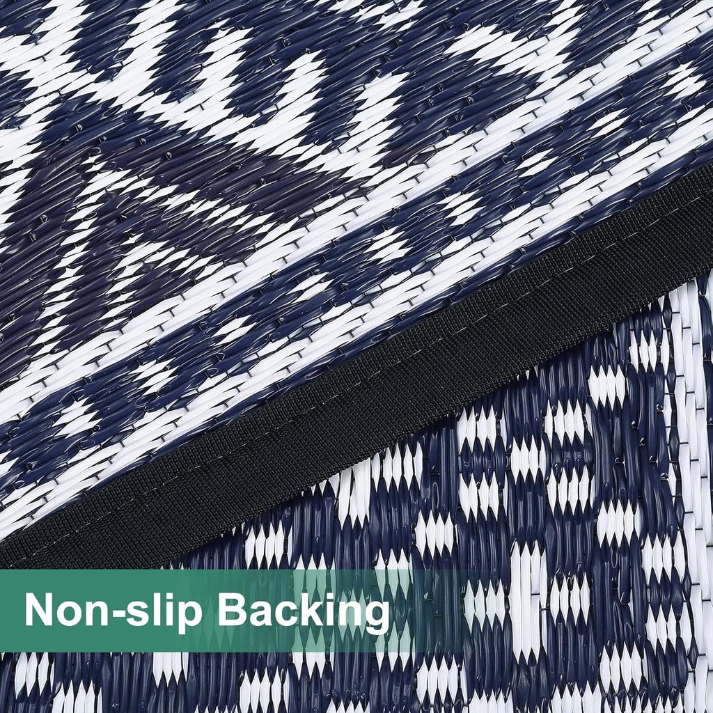 GAOMON Reversible Outdoor Rug 9'x18' Waterproof Plastic Straw Rug, Patio Rug, Large Modern Area Rug Carpet, Indoor Outdoor Rugs for Camping, Porch, Deck, Balcony, Backyard, Dark Blue/White(Bohemia)