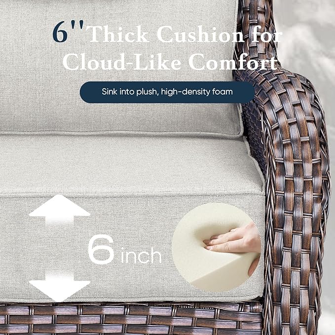 Belord Luxury 6" Thick Cushioned Outdoor Swivel Rocker Patio Chairs Set of 4 with Side Table, High Back Wicker Furniture Set with Ergonomic Zone Back, Conversation Set for Deck Porch - Brown+Beige