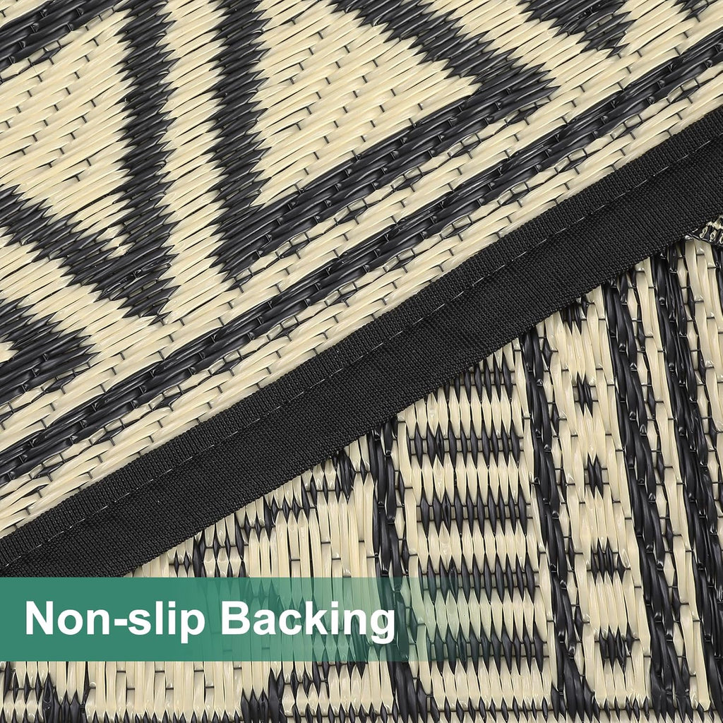 GAOMON Outdoor Rugs Patio Camping Waterproof Rug 6'x9' Plastic Straw Patio Rug Portable for Campers, Outside RVs Mat for Patios Clearance, Backyard Porch, Balcony, Black/Coffee(Bohemia)