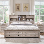 Farmhouse Queen Size Bed Frame with 54" Tall Storage Bookcase Headboard, 18" Roman Column Decoration Footboard,2 Drawer & 4 Storage Rack,Wood Platform Bed Frame, No Box Spring Needed(Light Rustic Oak)