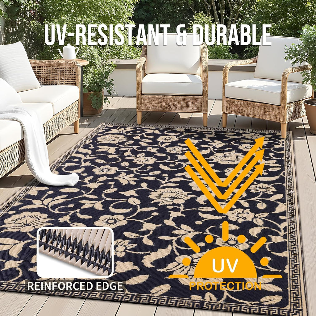OLANLY Waterproof Outdoor Rug 5x8 ft, Outdoor Plastic Straw Rug with Flower Pattern, Reversible RV Mat for Patio, Camping, Balcony, Deck, Backyard, Black & Beige